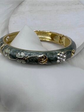 Gold-Tone Green Enamel Floral Crystal Bangle Bracelet
